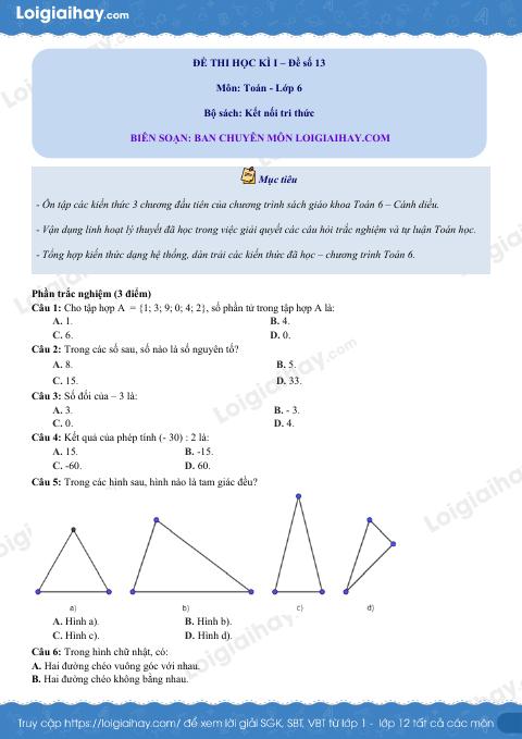 Đề thi học kì 1 Toán 6 - Đề số 13 - Kết nối tri thức